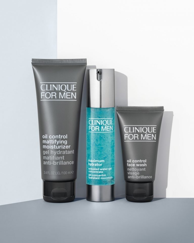 skin care product photo of Clinique for men. Set of three on white and grey background